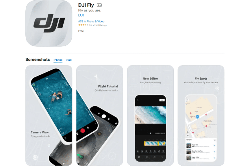 Die DJI Fly App in Apples iOS iTunes Store zum Download.